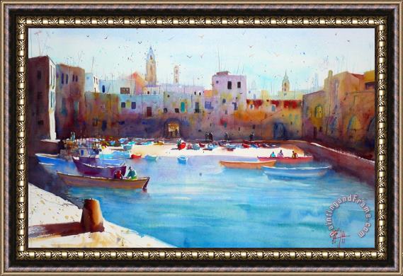 Andre Mehu Fishingboats in the harbor of Monopoli Framed Painting
