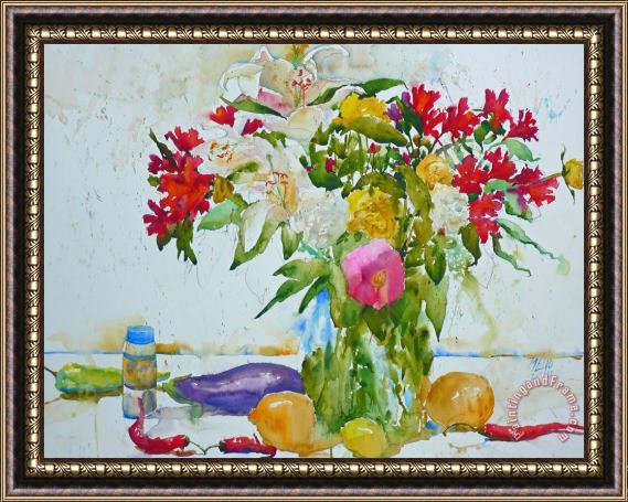 Andre Mehu Lilies and red peppers Framed Print