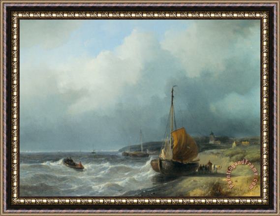 Andreas Schelfhout Fisherfolk by a Beached Bomschuit Framed Painting