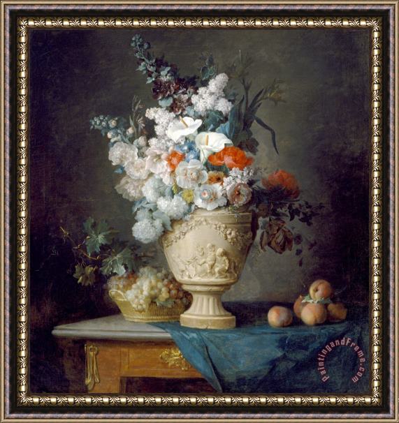 Anne Vallayer-Coster Bouquet of Flowers in a Terracotta Vase, with Peaches And Grapes Framed Print