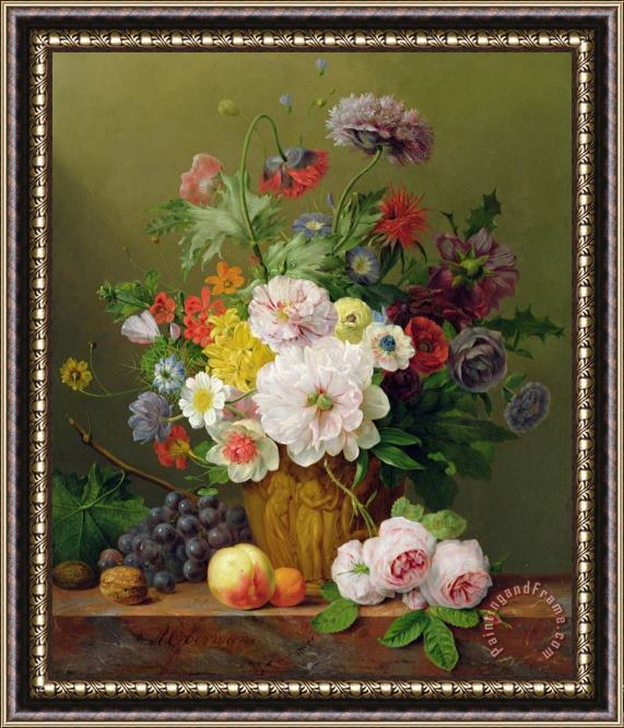 Anthony Obermann Still Life With Flowers And Fruit Framed Painting