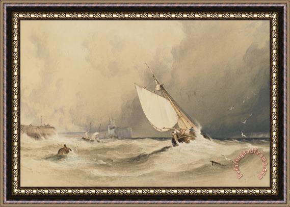 Anthony Vandyke Copley Fielding Ships At Sea Off Folkestone Harbour Storm Approaching Framed Painting