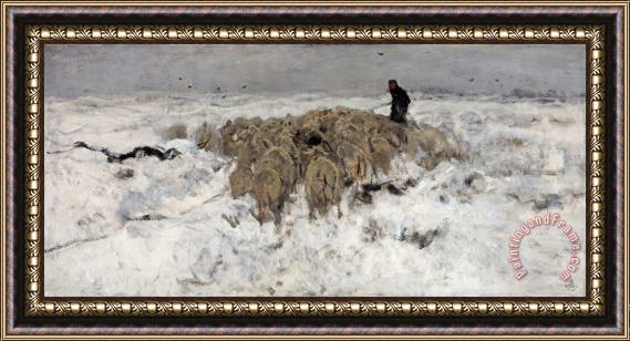 Anton Mauve Flock of Sheep with Shepherd in The Snow Framed Painting