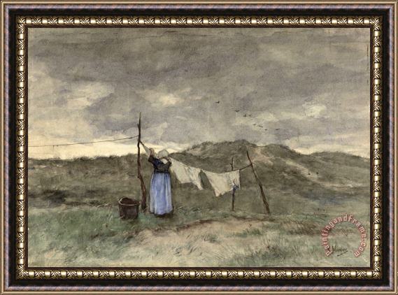 Anton Mauve Vrouw Bij Een Waslijn in De Duinen Framed Painting