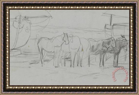 Anton Mauve Wachtende Paarden Bij Bomschuiten Op Het Strand Framed Painting