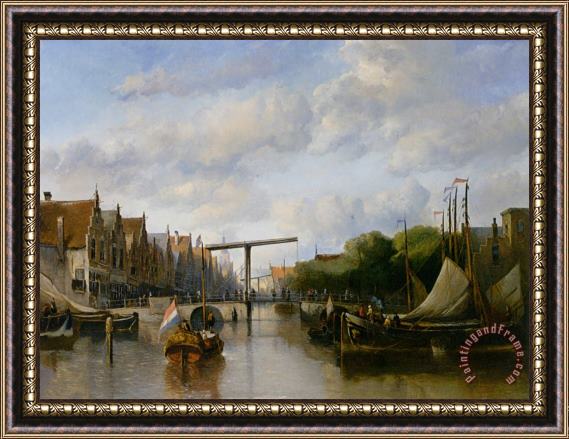 Antonie Waldorp A Busy Canal in a Dutch Town Framed Painting