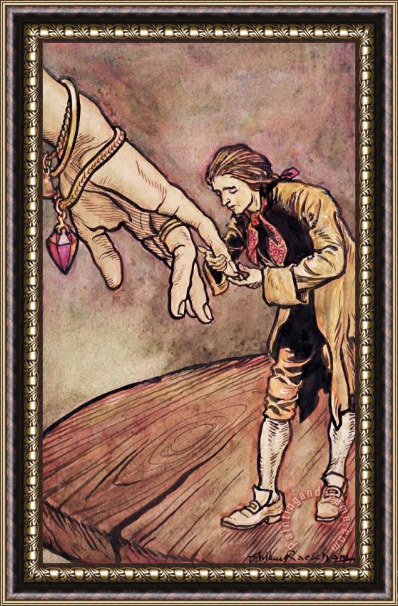 Arthur Rackham Gulliver in Brobdingnag Kissing the Hand of the Queen Framed Print