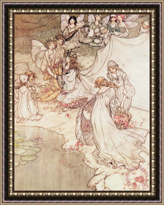 Arthur Rackham Illustration For A Fairy Tale Fairy Queen Covering A Child With Blossom Framed Painting