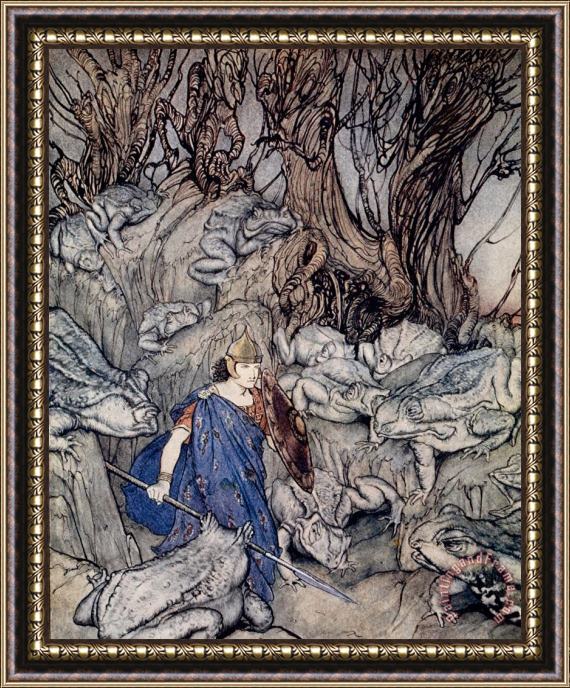 Arthur Rackham In The Forked Glen Into Which He Slipped At Night-fall He Was Surrounded By Giant Toads Framed Painting