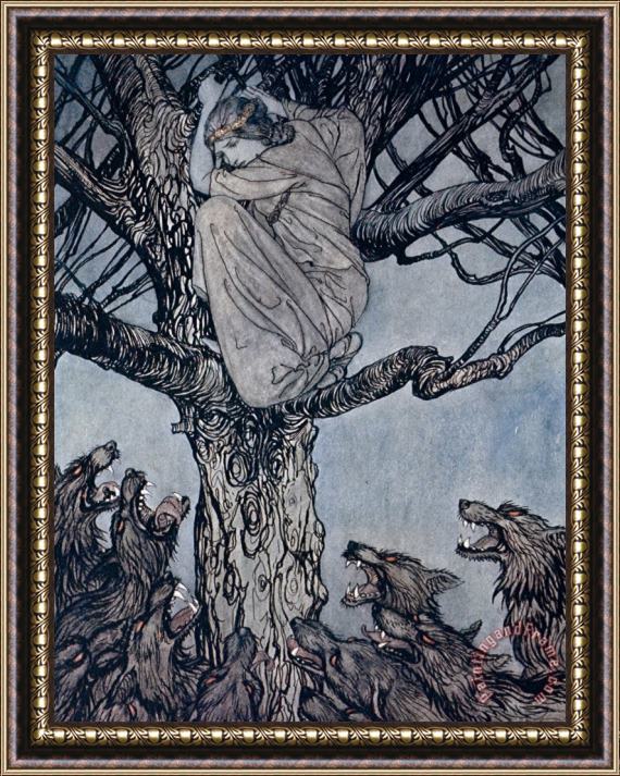 Arthur Rackham She Looked With Angry Woe At The Straining And Snarling Horde Below Illustration From Irish Fairy Framed Print
