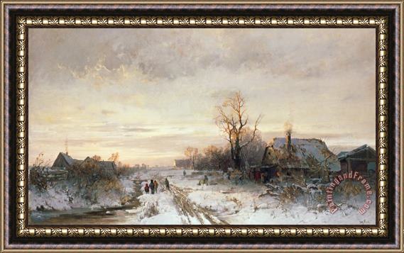 August Fink Children playing in a winter landscape Framed Painting