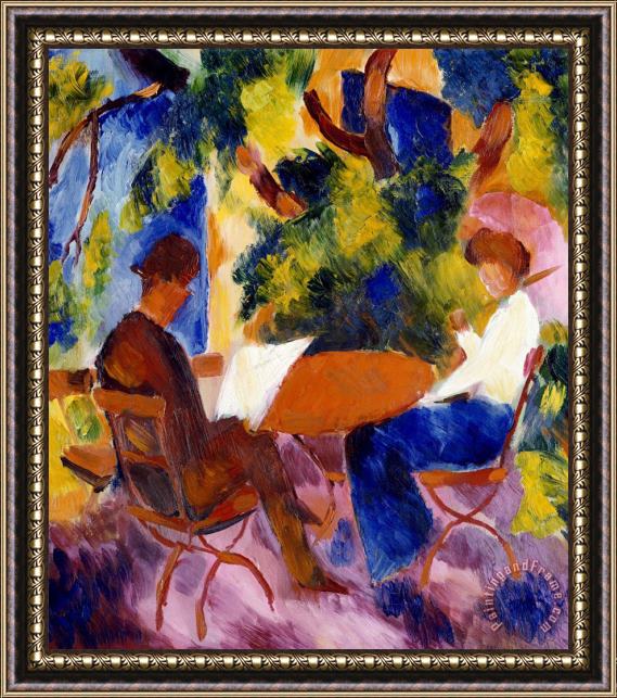 August Macke At The Garden Table Framed Painting