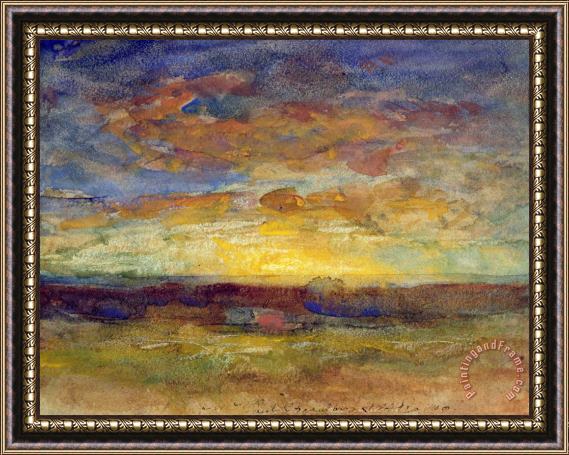 Auguste Francois Ravier Landscape with Setting Sun Framed Painting