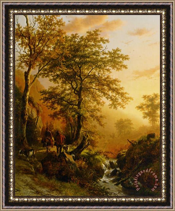 Barend Cornelis Koekkoek A Traveller And a Herdsman in a Mountainous Landscape Framed Print