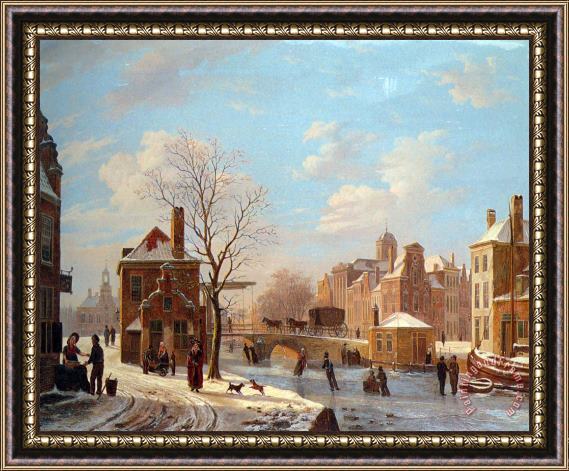 Bartholomeus Johannes Van Hove A Dutch Town Scene in Winter Framed Painting