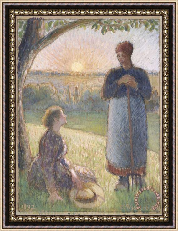 Camille Pissarro Country Women Chatting, Sunset, Eragny Framed Painting