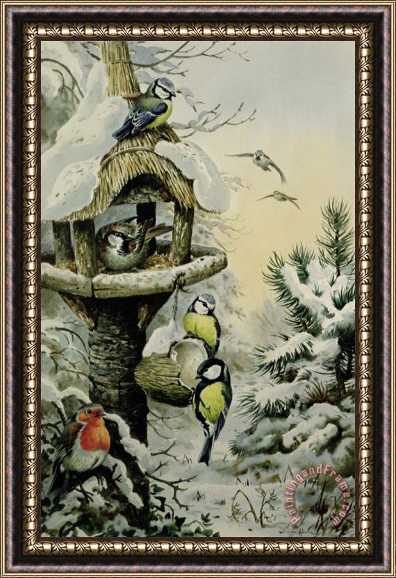Carl Donner Winter Bird Table with Blue Tits Framed Painting
