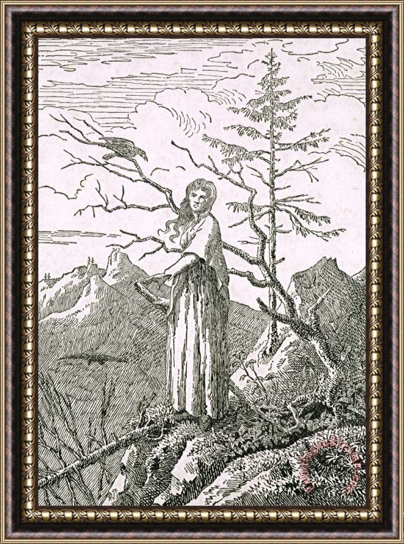 Caspar David Friedrich Woman with a Raven, on The Edge of a Precipice (woodcut) Framed Painting