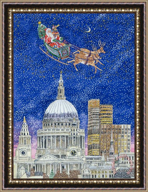 Catherine Bradbury Father Christmas Flying Over London Framed Painting