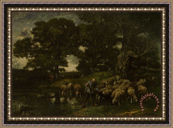 Charles Emile Jacque A Shepherd And His Flock by a Pond Framed Painting