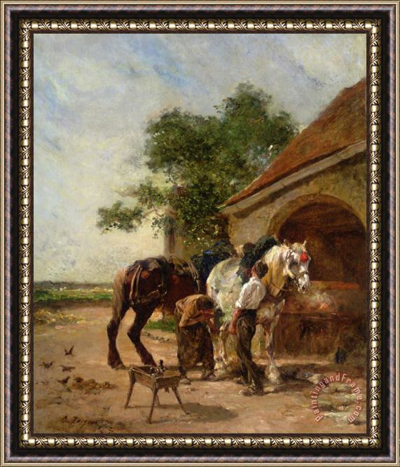 Charles Emile Jacque Attending to The Horses Framed Painting