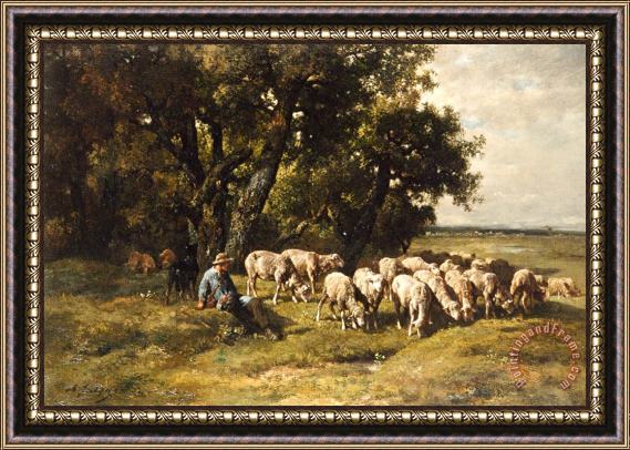 Charles Emile Jacques A shepherd and his flock Framed Painting