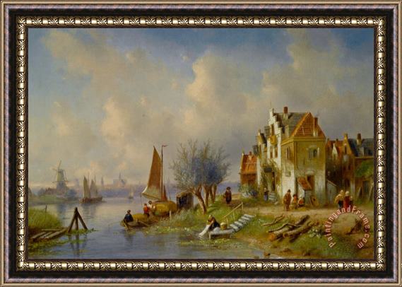 Charles Henri Joseph Leickert A Summer Landscape with Figures on a Riverbank Framed Painting