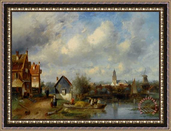 Charles Henri Joseph Leickert Figures on a Barge Near a Winterside Village Framed Painting