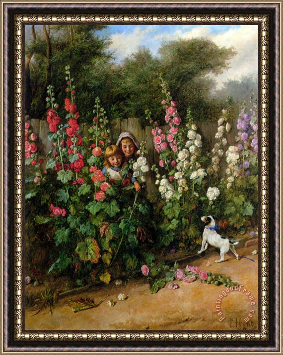 Charles Hunt Behind The Hollyhocks Framed Painting