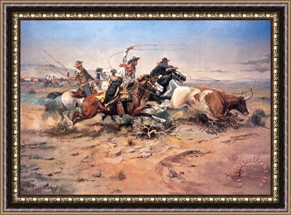 Charles Marion Russell Cowboys roping a steer Framed Print