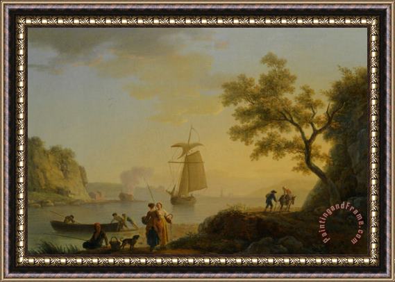 Claude Joseph Vernet An Extensive Coastal Landscape with Fishermen Unloading Their Boats And Figures Conversing in The Foreground Framed Painting