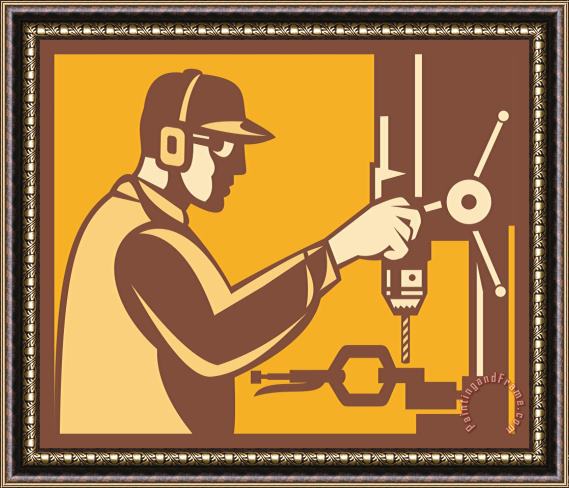Collection 10 Factory Worker Operator With Drill Press Retro Framed Painting
