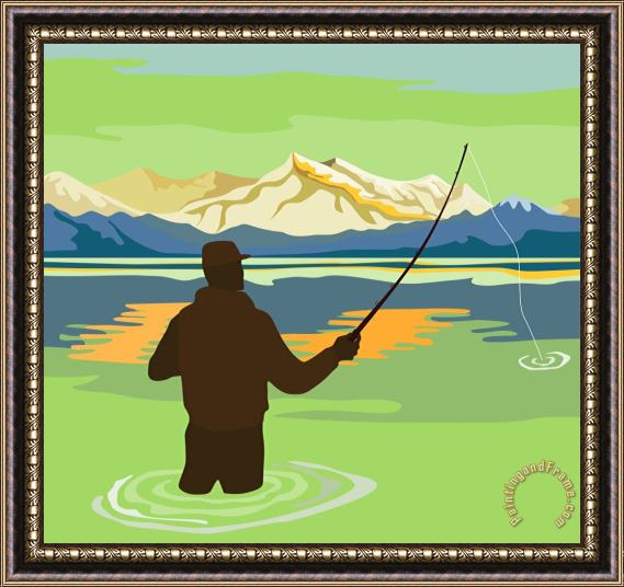Collection 10 Fly Fisherman Rod and Reel Retro Framed Painting