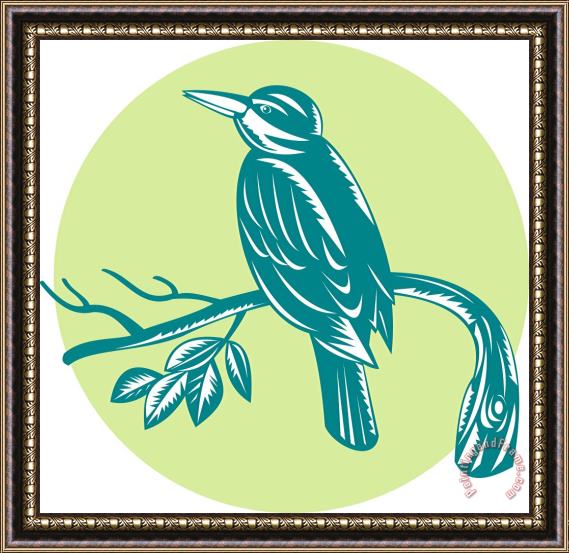 Collection 10 Kingfisher Perching On Branch Woodcut Framed Painting