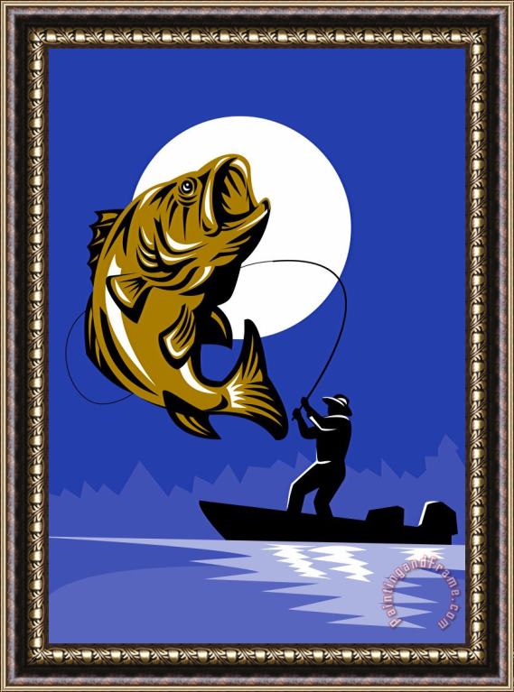 Collection 10 Largemouth Bass Fish and Fly Fisherman Framed Painting
