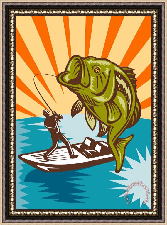Collection 10 Largemouth Bass Fish and Fly Fisherman Framed Painting