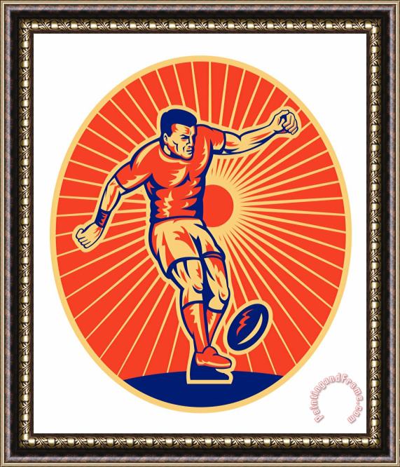 Collection 10 Rugby Player Kicking Ball Woodcut Framed Painting