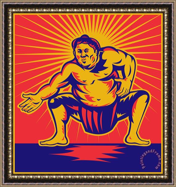 Collection 10 Sumo wrestler crouching retro woodcut Framed Painting
