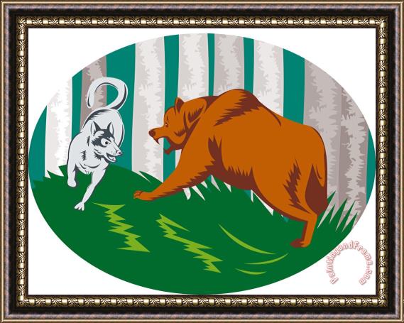 Collection 10 Wild Dog Wolf Fighting Grizzly Bear Framed Painting