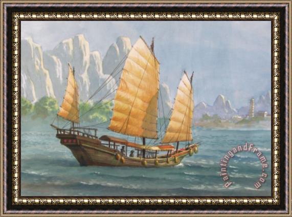 Collection Junk Sailing Out at Dawn with White Mountains Framed Painting