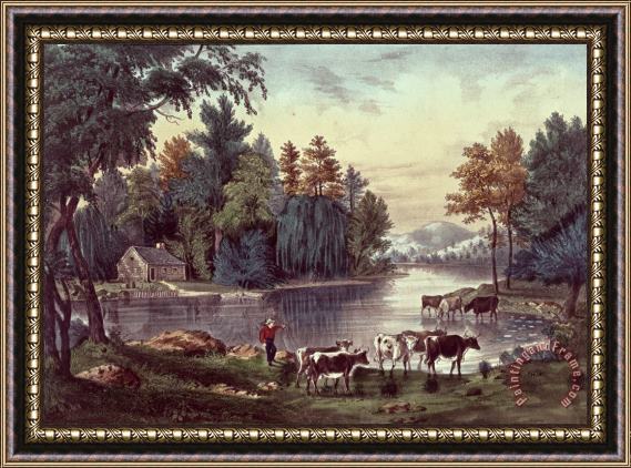 Currier and Ives Cows on the Shore of a Lake Framed Painting