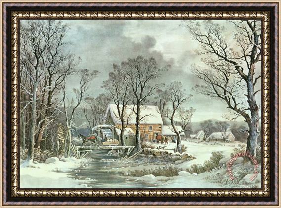 Currier and Ives Winter in the Country - the Old Grist Mill Framed Painting