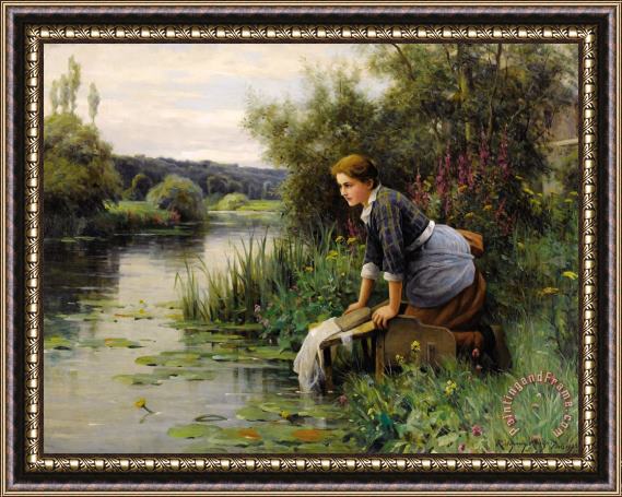 Daniel Ridgway Knight Laundress by The Water's Edge, 1922 Framed Painting