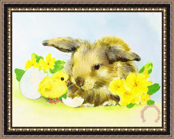 Diane Matthes Easter Bunny With Primrose And Chick Framed Painting