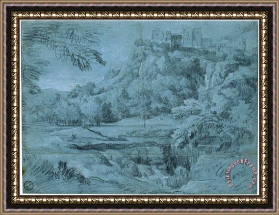 Dughet, Gaspard Landscape with Mountain Town And Waterfall Framed Painting