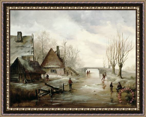 Dutch School A Winter Landscape with Figures Skating Framed Painting