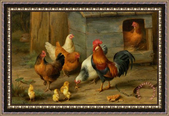 Edgar Hunt A Cockerel with Chickens Framed Painting