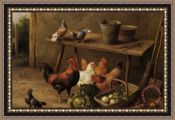 Edgar Hunt Chickens And Pigeons in a Farmyard Framed Print