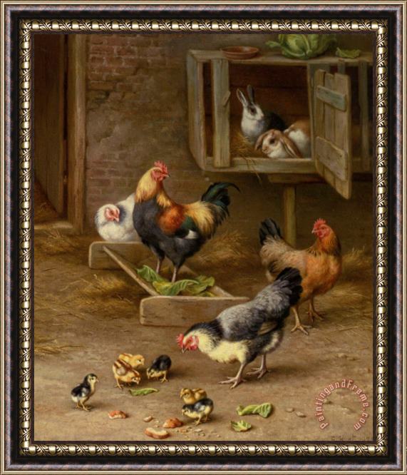 Edgar Hunt Chickens Chicks And Rabbits in a Hutch Framed Painting