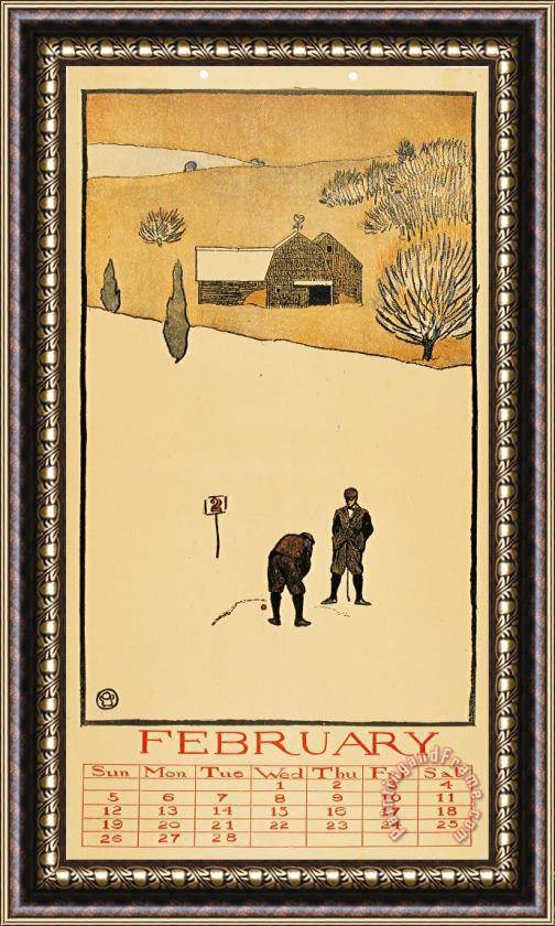 Edward Penfield Golf Calendar. February Framed Painting